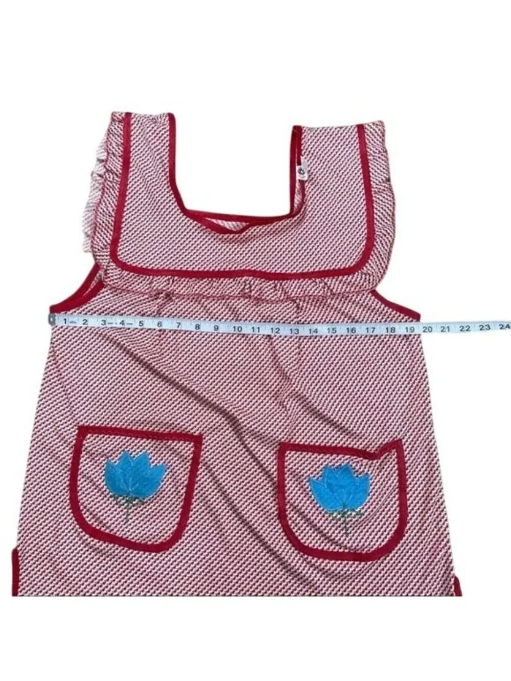 Mexican Artisan Apron Tradicional Pullover Style Red printed front pockets SZ M